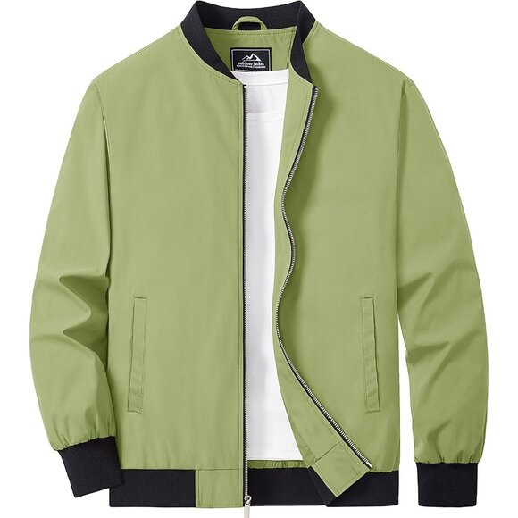 Men's Olive Green Lightweight Casual Bomber Jacket Golf Coat Zip Up Pockets